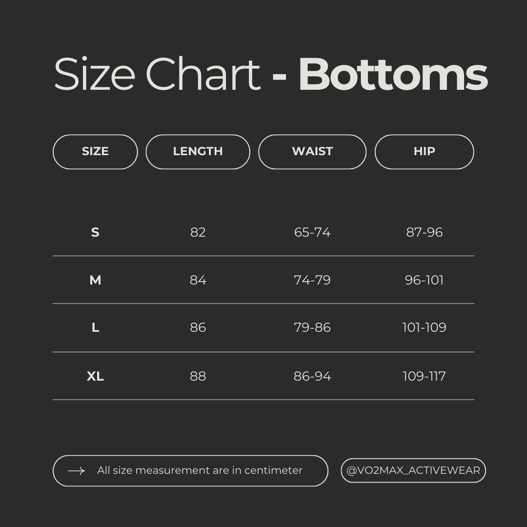 Size guide for female activewear.